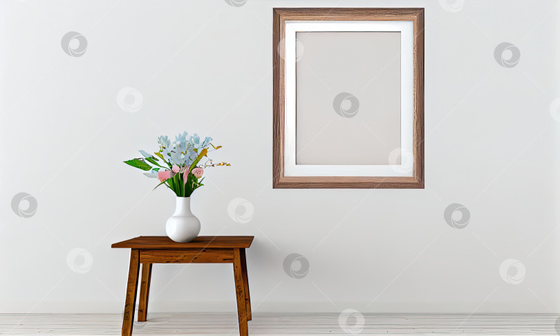 Скачать Деревянная фоторамка рядом с вазой с цветами на деревянном столе на белом фоне, генеративный ИИ фотосток Ozero