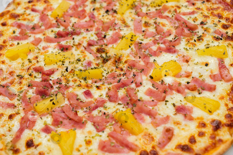 Скачать Гавайская пицца. Крупный план пиццы, посыпанной ананасом, ветчиной, сыром и орегано. фотосток Ozero