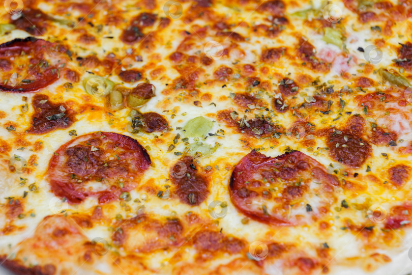 Скачать Крупный план пиццы, посыпанной салями, сыром и орегано. фотосток Ozero