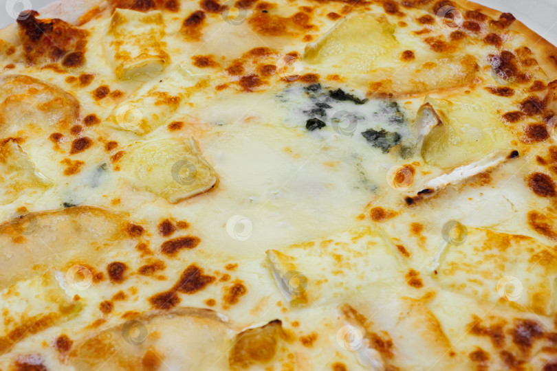 Скачать Крупный план пиццы, посыпанной разными видами сыра. Макросъемка вкусных продуктов. Пицца с четырьмя сырами. фотосток Ozero