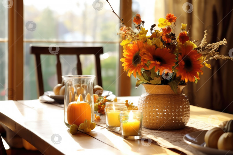 Скачать Сезонная сервировка стола с тыквами и цветами фотосток Ozero