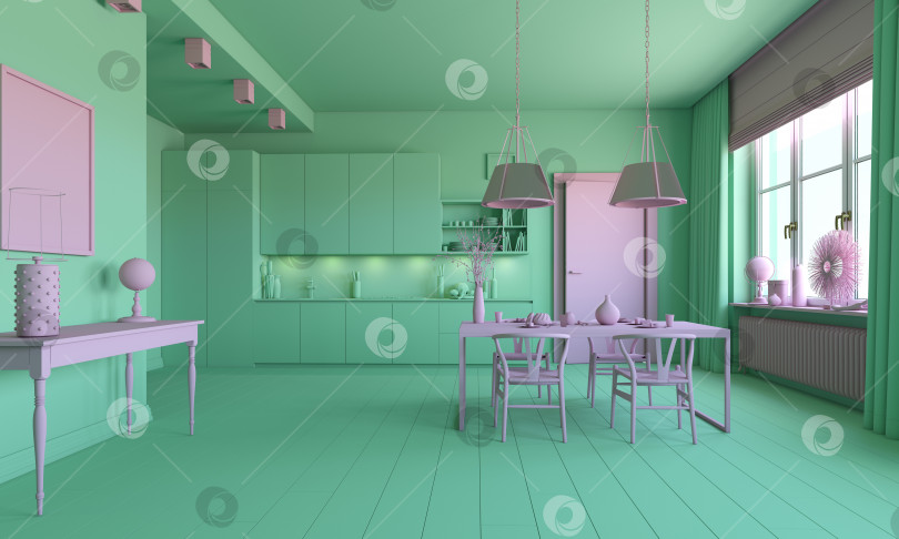 Скачать зелено-фиолетовый интерьер кухни. фотосток Ozero