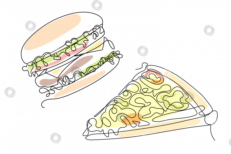 Скачать Пицца и гамбургер в стиле лайн-арт. Векторная иллюстрация быстрого питания для меню, упаковки, кафе, различного дизайна. фотосток Ozero