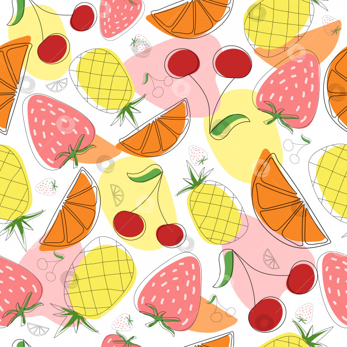 Скачать Летний бесшовный узор с ананасом, вишней, клубникой и апельсином. Дизайн ткани, упаковки, обоев, обложки. фотосток Ozero