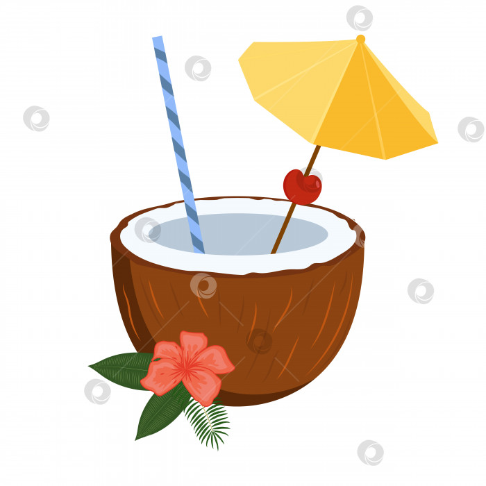 Скачать Тропический коктейль в кокосовой стружке с зонтиком, соломинкой. Кокосовый коктейль. фотосток Ozero