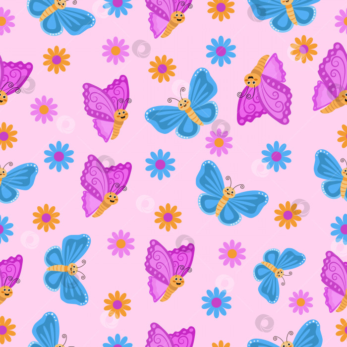 Скачать Бесшовный узор с мультяшными бабочками и цветами. Бабочки на сиреневом фоне. фотосток Ozero
