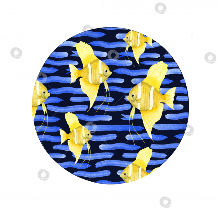 Скачать Акварельная иллюстрация, изображающая набор представителей морской фауны, изолированных на темном фоне. Печать, дизайн, плакат, баннер, фон, меню, сувениры, декор, обои, ткань, текстиль, упаковка. фотосток Ozero