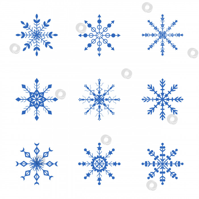 Скачать Набор вьющихся голубых снежинок на белом фоне. Снежинки для зимнего дизайна. Вектор. фотосток Ozero