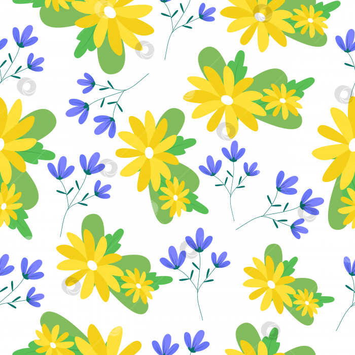 Скачать Летний цветочный бесшовный узор с желтыми и синими цветами. фотосток Ozero