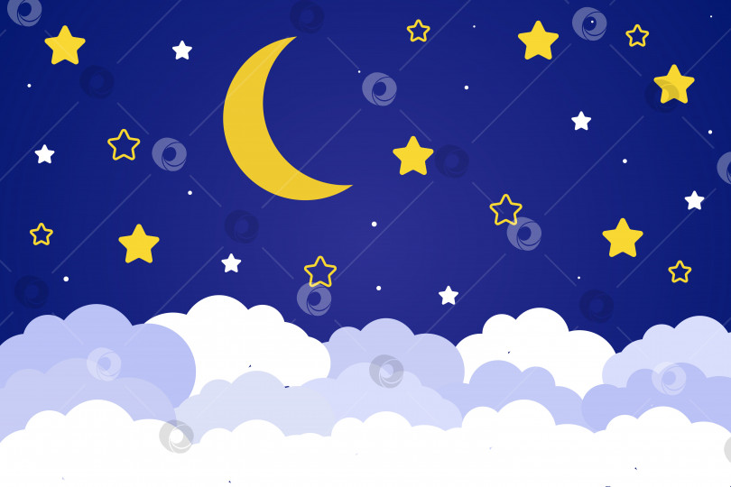 Скачать Полумесяц и звезды с облаками на темном фоне ночного неба. Бумажное искусство. Фон ночной сцены. фотосток Ozero