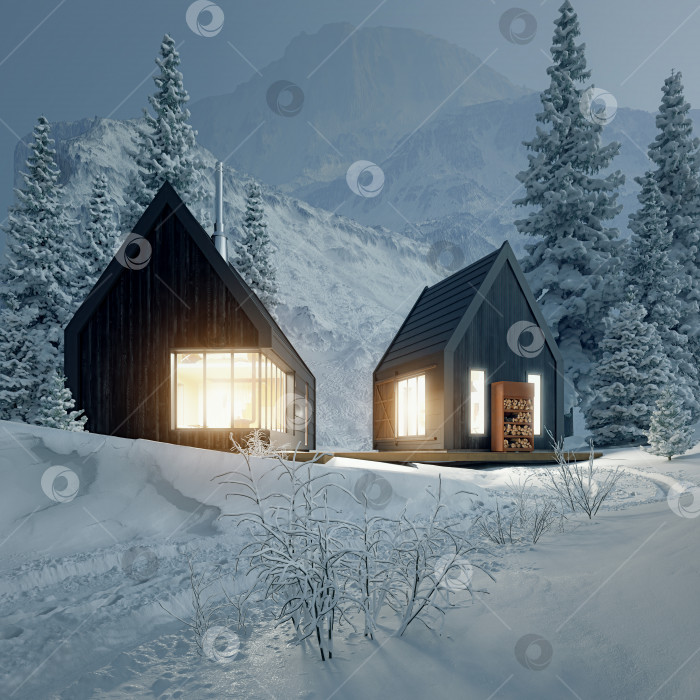 Скачать Зимний пейзаж со светящимися деревянными домами фотосток Ozero