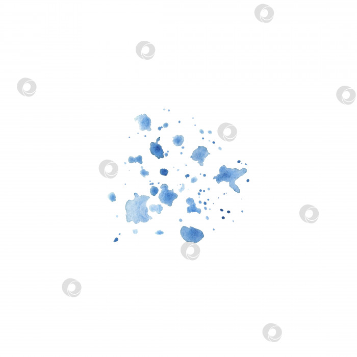 Скачать Синие пятна и брызги выделяются на белом фоне. Акварельная иллюстрация, нарисованная от руки. Текстура для фона фотосток Ozero