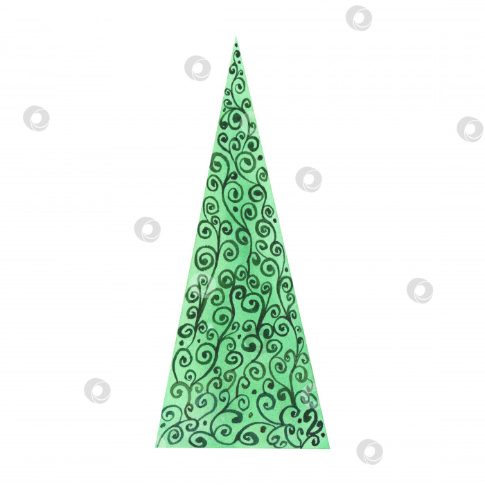 Скачать Рождественская елка с кружевным орнаментом, выделенным на белом фоне. Рождественская иллюстрация, нарисованная акварелью от руки. Искусство для дизайнерского оформления фотосток Ozero
