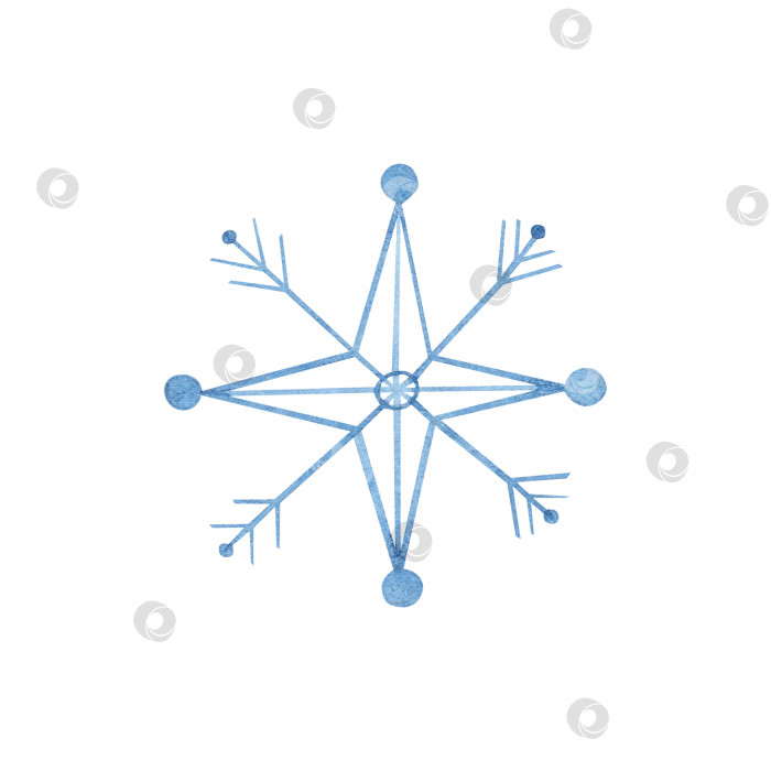 Скачать Светло-голубая снежинка, выделенная на белом фоне. Зимняя иллюстрация, нарисованная акварелью от руки. Рисунки для открыток, приглашений фотосток Ozero