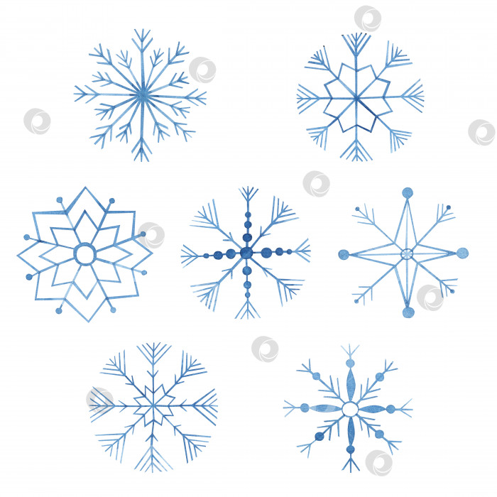 Скачать Голубая снежинка, выделенная на белом фоне. Зимняя иллюстрация, нарисованная акварелью от руки. Искусство для рождественского украшения фотосток Ozero