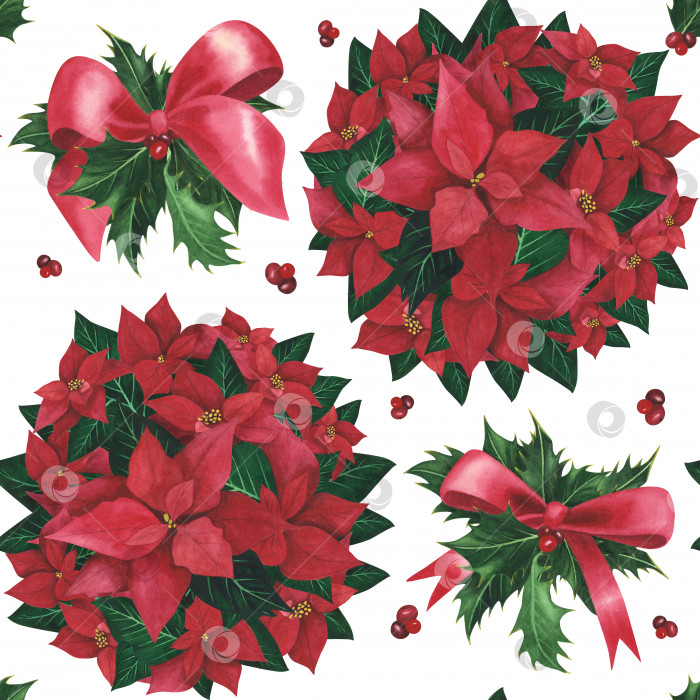 Скачать Пуансеттия, остролист, рождественский бесшовный узор с красным бантом, выделенный на белом фоне. Акварельная рисованная иллюстрация для дизайна фотосток Ozero