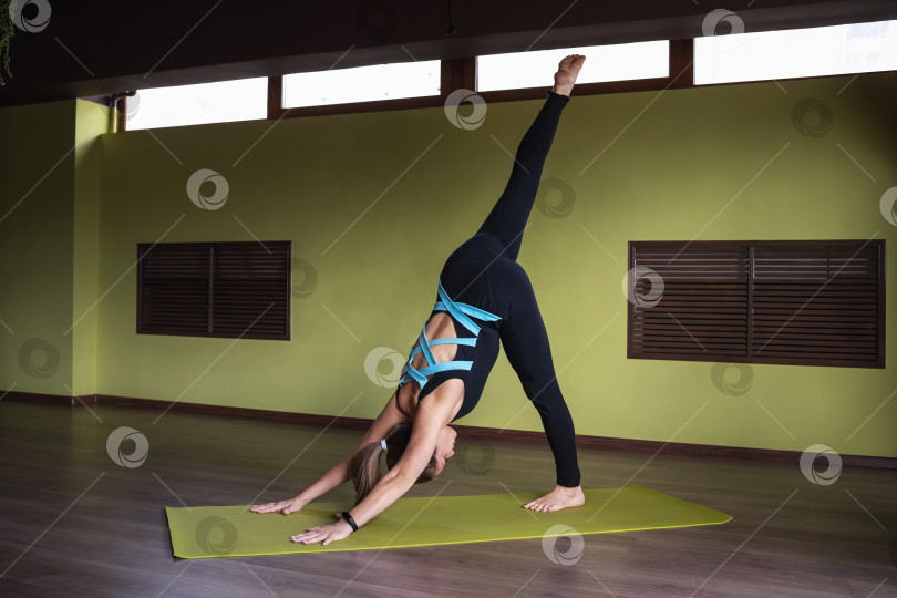 Скачать Женщина в спортивной одежде, практикующая йогу, выполняет упражнение Эка Пада Адхо Мукха Сванасана, поза собаки лицом вниз с поднятой ногой, тренировка в студии на коврике, укрепление тела фотосток Ozero