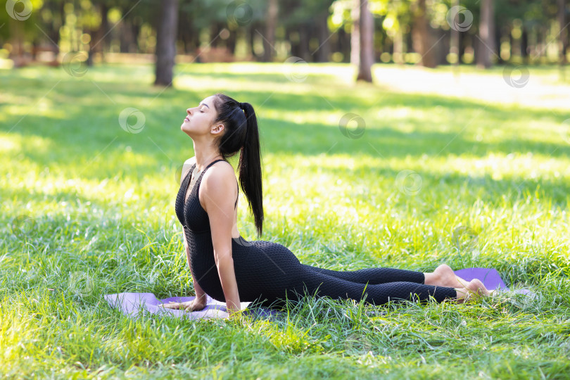 Скачать Молодая беременная женщина, практикующая йогу, выполняющая Урдхва Мукха сванасану, позу собаки лицом вверх, тренирующаяся в парке солнечным летним утром, лежа на коврике фотосток Ozero