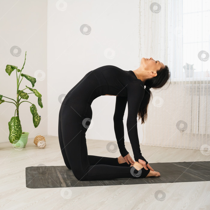 Скачать Женщина в черной спортивной одежде, практикующая йогу, выполняющая упражнение Уштрасана, поза верблюда, тренирующаяся на коврике в комнате у окна фотосток Ozero