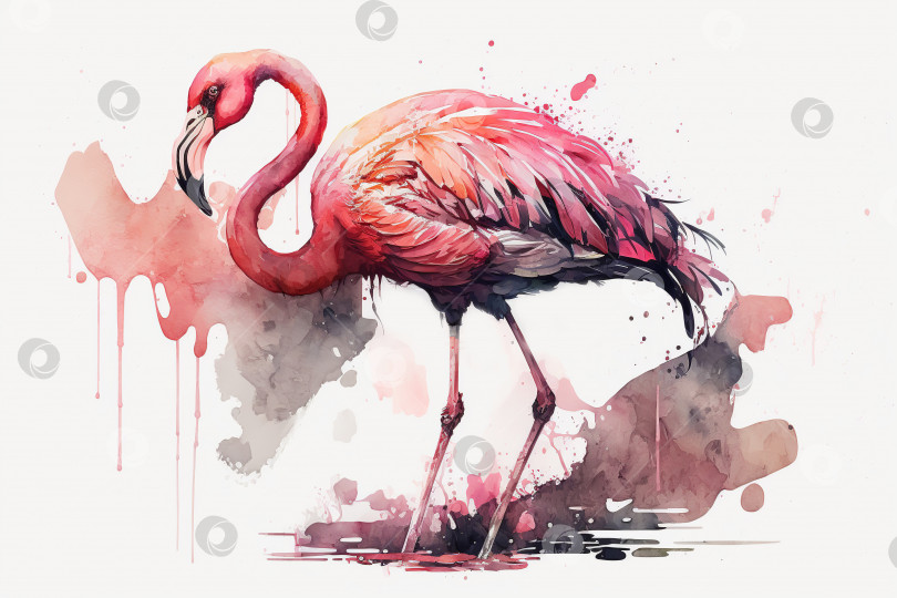 Скачать Розовый фламинго - красивая элегантная птица, акварельная иллюстрация. Порождающий искусственный интеллект фотосток Ozero