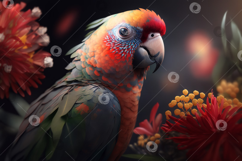 Скачать Портрет милого маленького красного попугая в цветах в джунглях. Вид сбоку на экзотическую тропическую птицу. Порождающий искусственный интеллект фотосток Ozero