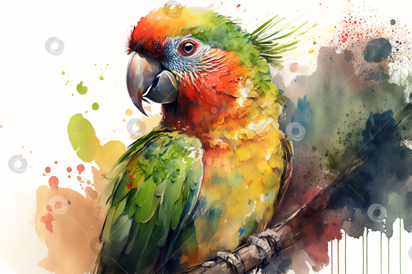 Скачать Красочный красивый попугай на ветке, акварельная иллюстрация. Порождающий искусственный интеллект фотосток Ozero