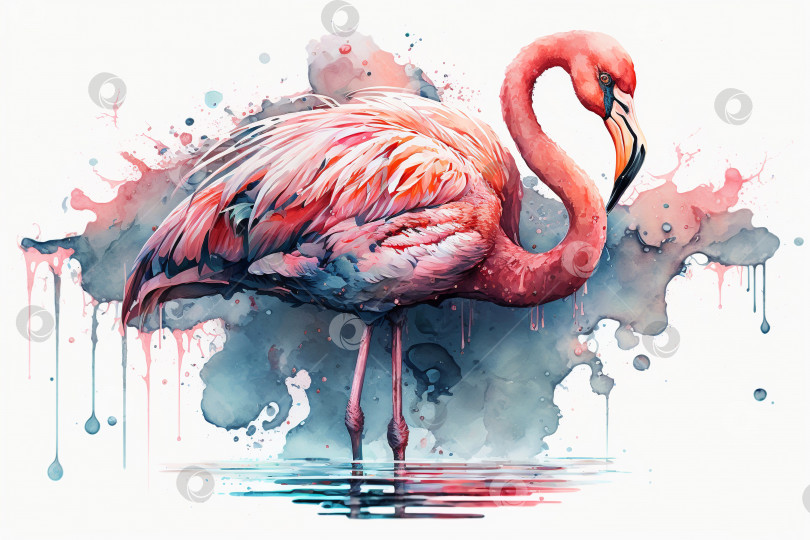 Скачать Акварельная иллюстрация розового фламинго. Красивая элегантная птица, генеративный искусственный интеллект фотосток Ozero