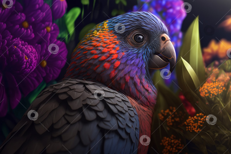 Скачать Портрет милого разноцветного попугая, сидящего в цветах в джунглях. Вид сбоку на экзотическую тропическую птицу. Порождающий искусственный интеллект фотосток Ozero