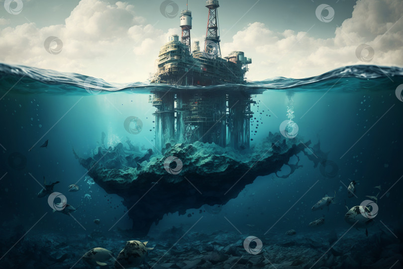 Скачать Нефтяная платформа в океане. Бурение, добыча нефти, загрязнение окружающей среды, плавание рыбы под водой. Созданный искусственным интеллектом фотосток Ozero