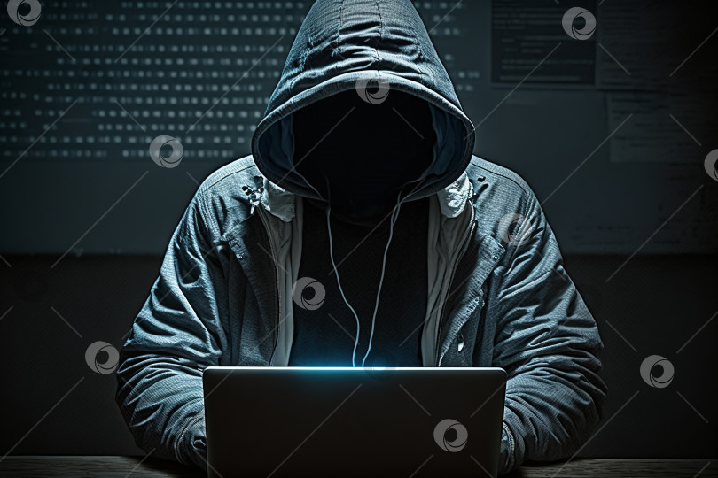 Скачать Неузнаваемый анонимный хакер-программист в капюшоне, работающий на ноутбуке. Киберпреступность, концепция сетевого взлома. Иллюстрация генеративного искусственного интеллекта фотосток Ozero