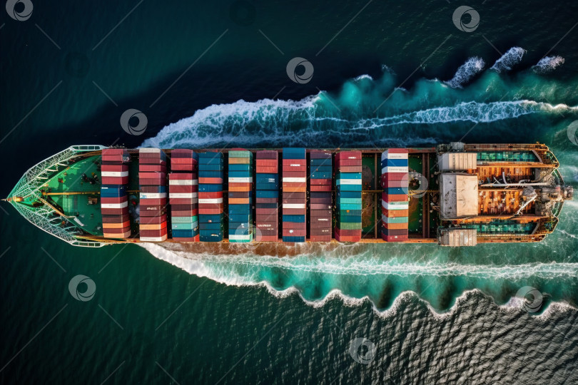 Скачать Грузовое морское судно, перевозящее товары в контейнерах по воде, вид сверху с беспилотника. Созданный искусственным интеллектом фотосток Ozero