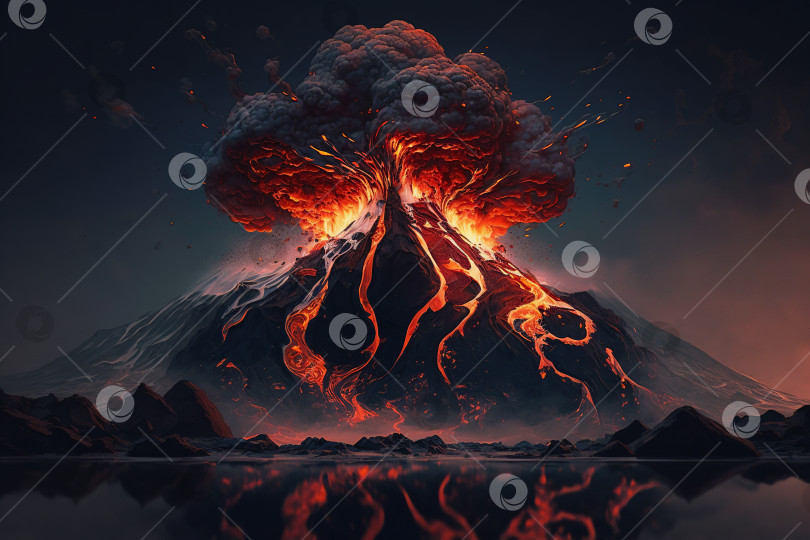 Скачать Взрыв, извержение вулкана, лава на горе, стихийное бедствие. Иллюстрация генеративного искусственного интеллекта фотосток Ozero