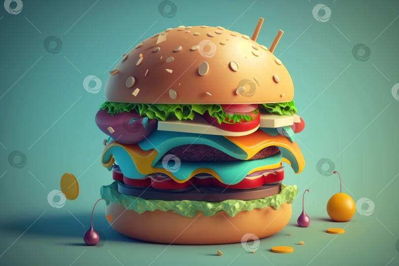 Скачать Бургер на синем фоне, мультяшная 3d иллюстрация фаст-фуда. Созданный искусственным интеллектом фотосток Ozero