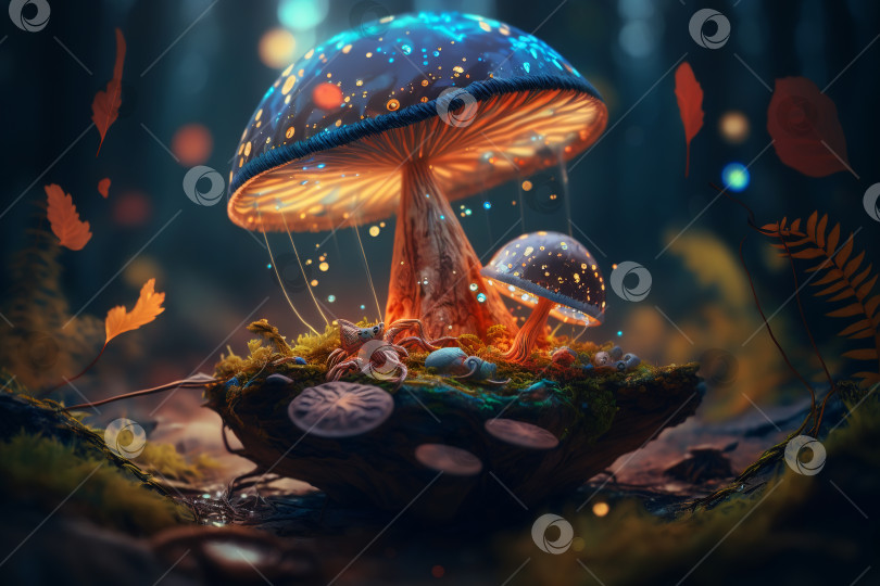 Скачать Фантастический гриб в сказочном лесу, крупным планом. Порождающий искусственный интеллект фотосток Ozero