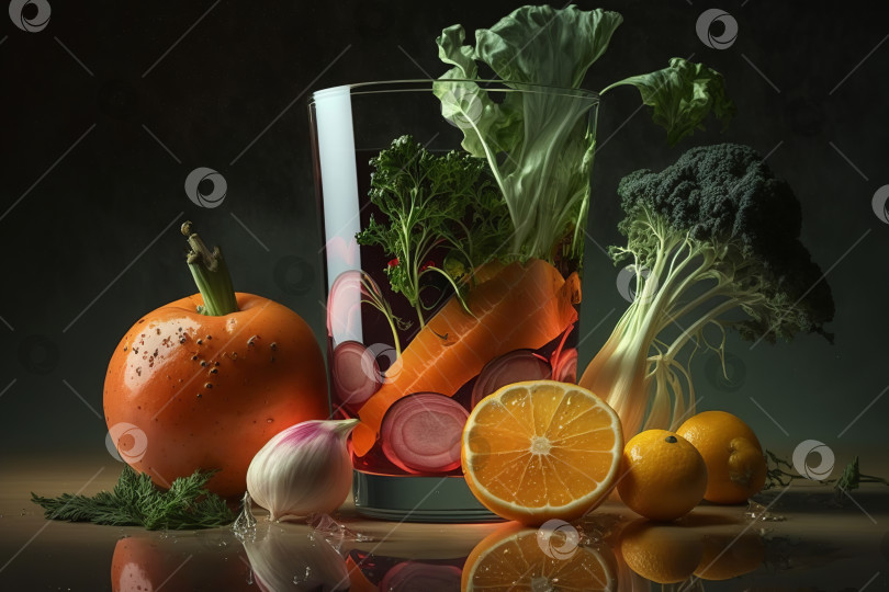 Скачать Вегетарианский коктейль, овощной напиток в бокале на столе. Созданный искусственным интеллектом фотосток Ozero
