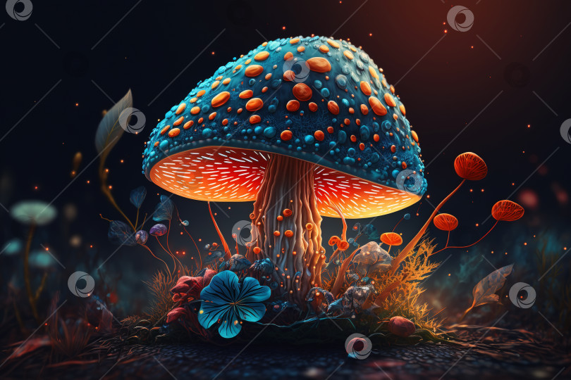 Скачать Красивые сказочные грибы и цветы в таинственном ночном лесу, крупным планом. Порождающий искусственный интеллект фотосток Ozero