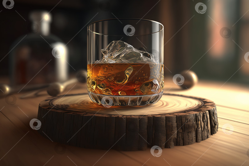 Скачать Стакан алкоголя со льдом, стоящий на деревянном подиуме на столе, крупным планом. Элитный напиток - коньяк или виски. Порождающий искусственный интеллект фотосток Ozero