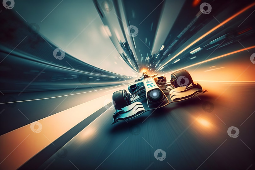 Скачать Вид спереди на быстро едущий гоночный автомобиль Формулы-1, размытое изображение в движении. Иллюстрация генеративного искусственного интеллекта фотосток Ozero