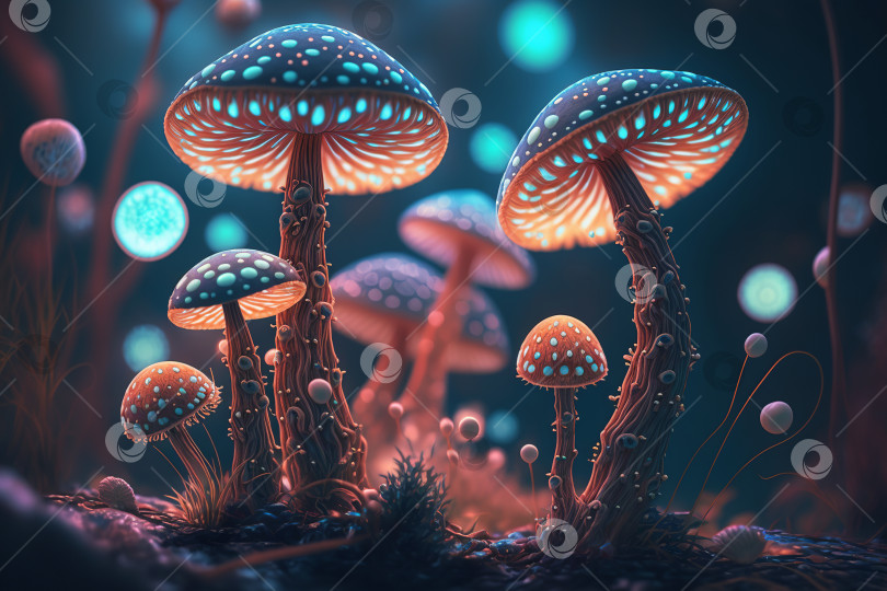 Скачать Фантастически светящиеся грибы в мистическом таинственном ночном лесу. Порождающий искусственный интеллект фотосток Ozero
