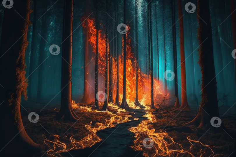 Скачать Пожар в ночном лесу, языки пламени на деревьях, стихийное бедствие. Порождающий искусственный интеллект фотосток Ozero