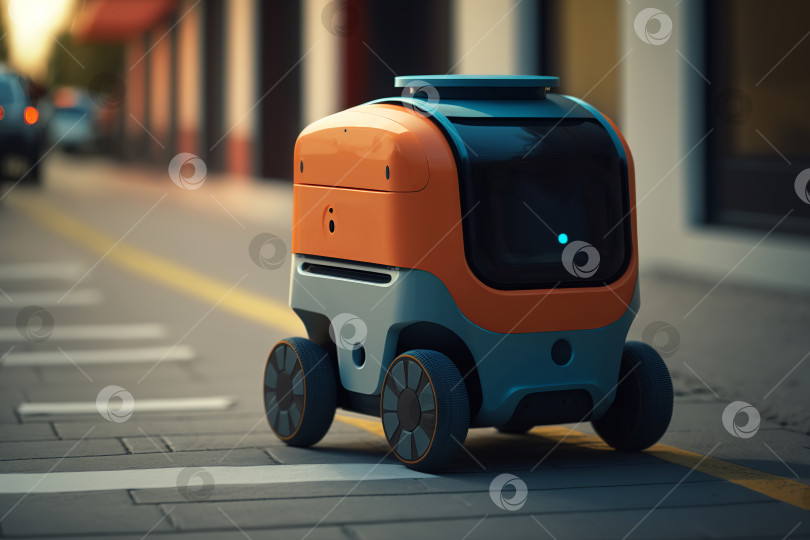 Скачать Роботизированная служба доставки, технология будущего. Робот-курьер на дороге на улице. Порождающий искусственный интеллект фотосток Ozero