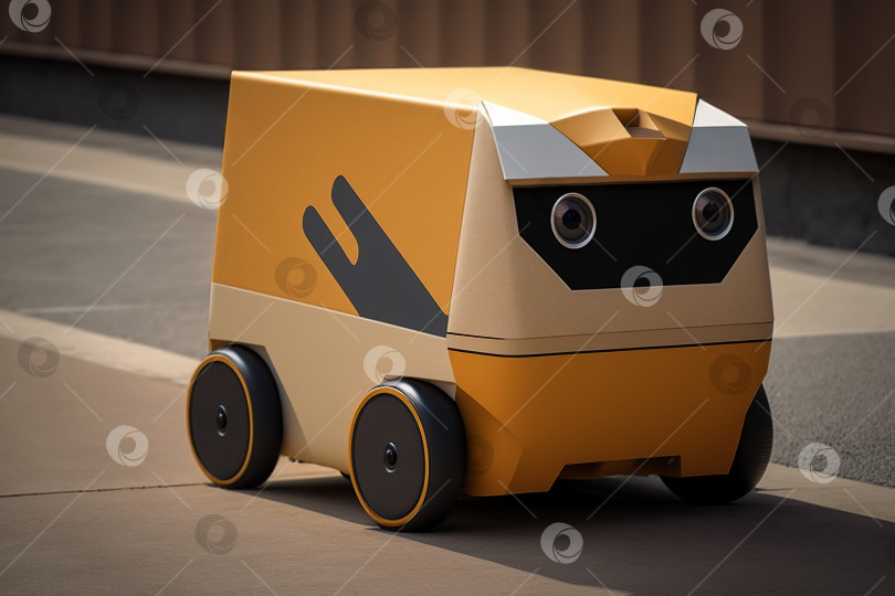 Скачать Милый забавный робот-курьер доставки с глазами-камерами едет по тротуару на улице. Роботизированный сервис - технология будущего. Порождающий искусственный интеллект фотосток Ozero