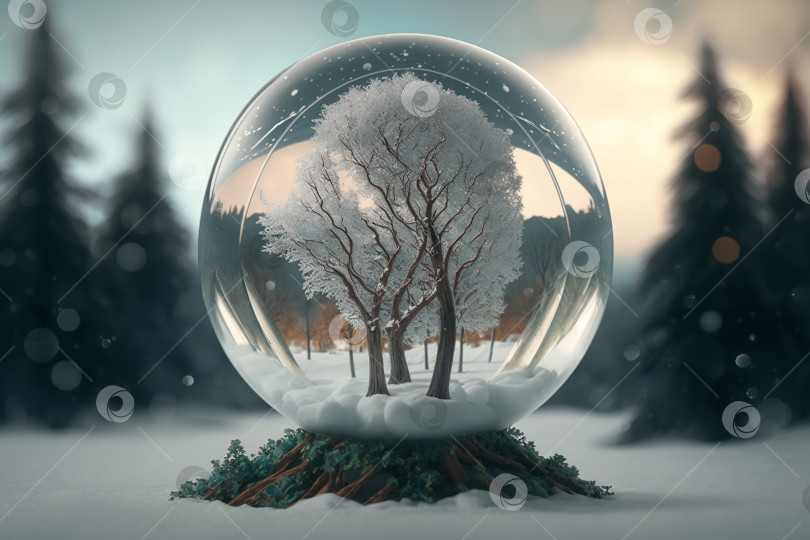 Скачать Рождественский снежок. Зимняя сезонная тематика, снег и лес в стеклянном шаре на природе. Порождающий искусственный интеллект фотосток Ozero