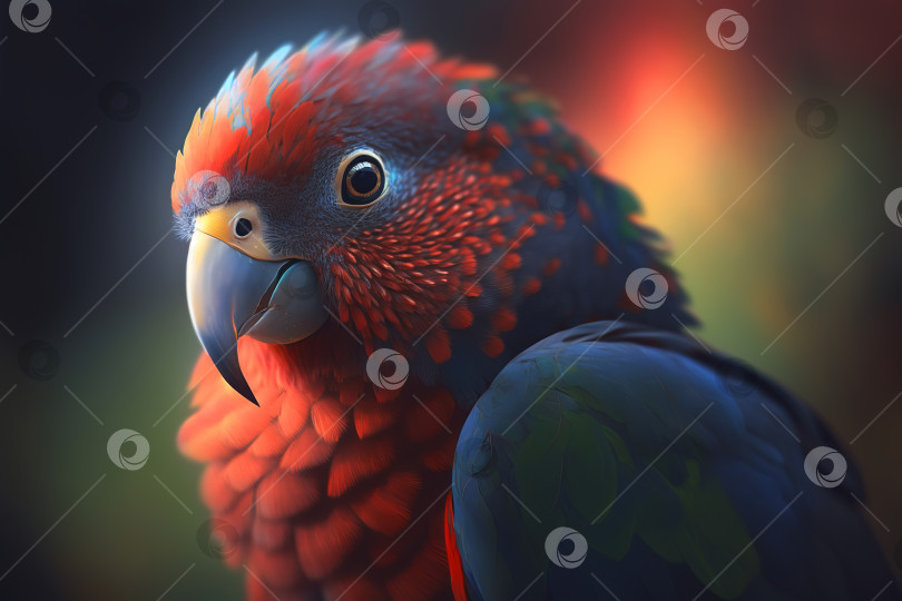 Скачать Портрет симпатичной экзотической тропической птицы-попугая с клювом на природе, смотрящей в камеру. Крупный план, боке. Порождающий искусственный интеллект фотосток Ozero