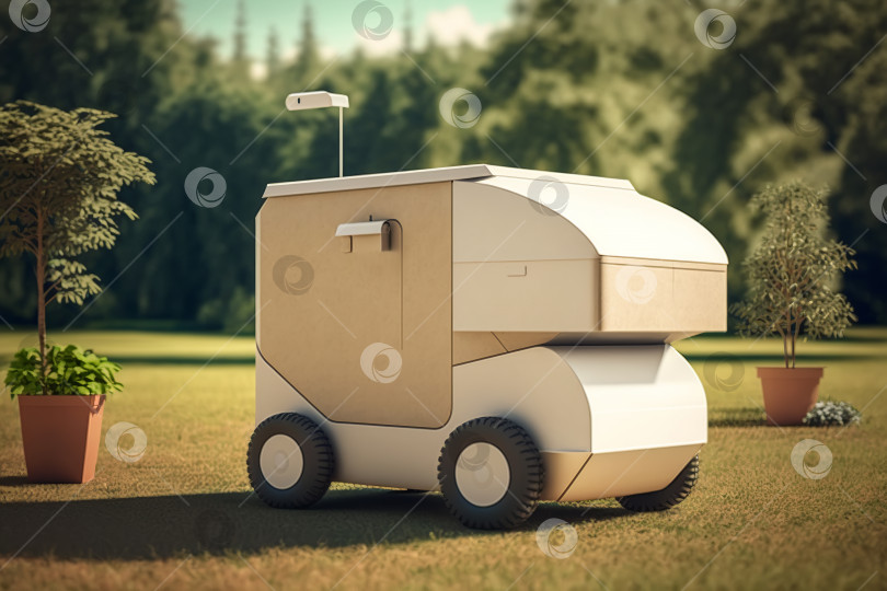 Скачать Роботизированный сервис - технология будущего. Минималистичный робот-контейнеровоз, припаркованный на лужайке на открытом воздухе. Порождающий искусственный интеллект фотосток Ozero