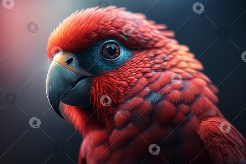 Скачать Портрет милого красивого красного тропического попугая на открытом воздухе. Крупным планом голова экзотической птицы с клювом, смотрящая в камеру. Порождающий искусственный интеллект фотосток Ozero