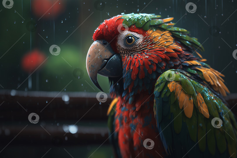 Скачать Разноцветный красный мокрый попугай в джунглях. Портрет тропической экзотической птицы во время дождя на природе. Иллюстрация генеративного искусственного интеллекта фотосток Ozero
