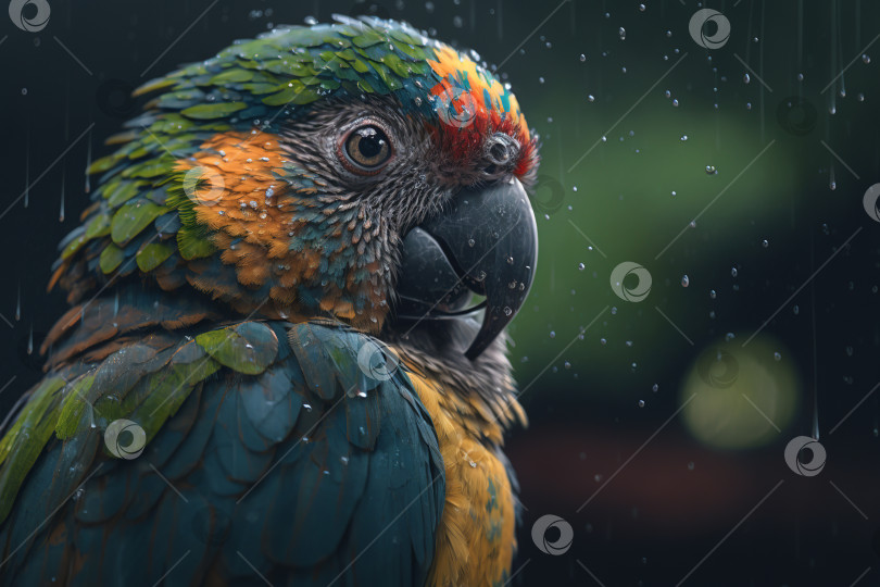 Скачать Мокрый попугай, красочная тропическая птица под дождем в джунглях. Иллюстрация генеративного искусственного интеллекта фотосток Ozero