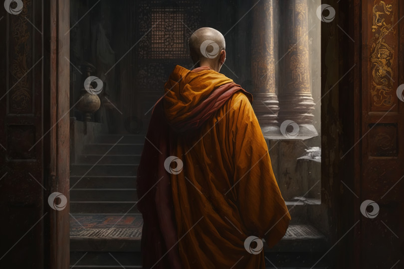 Скачать Лысый старый буддийский монах в оранжевом традиционном одеянии в храме. Неузнаваемый религиозный служитель, вид сзади. Религия Буддизм, концепция духовности. Иллюстрация генеративного искусственного интеллекта фотосток Ozero