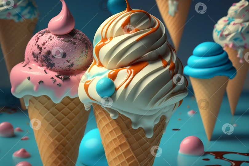 Скачать Крупный план мороженого в вафельных рожках с сиропом. Креативная иллюстрация еды, созданная с помощью генеративного искусственного интеллекта фотосток Ozero